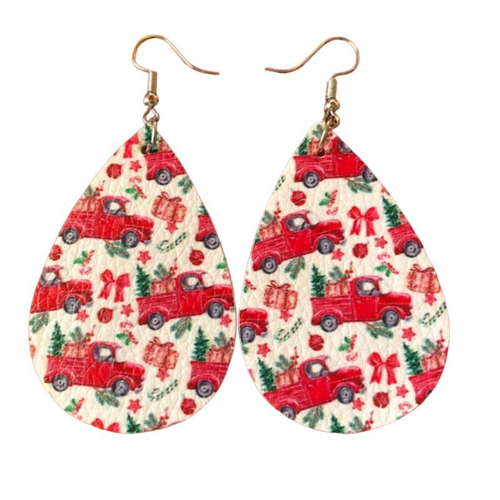 Vintage Red Truck Vegan Leather Christmas Teardrop Earrings